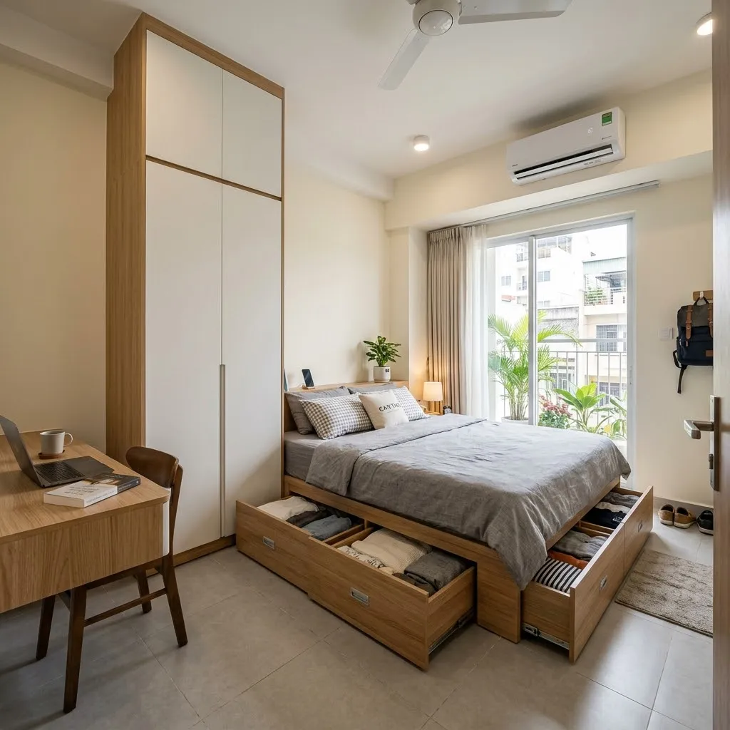 Thiết kế nội thất chung cư Cần Thơ thông minh với hệ tủ đụng trần và giường tích hợp ngăn kéo tối ưu diện tích