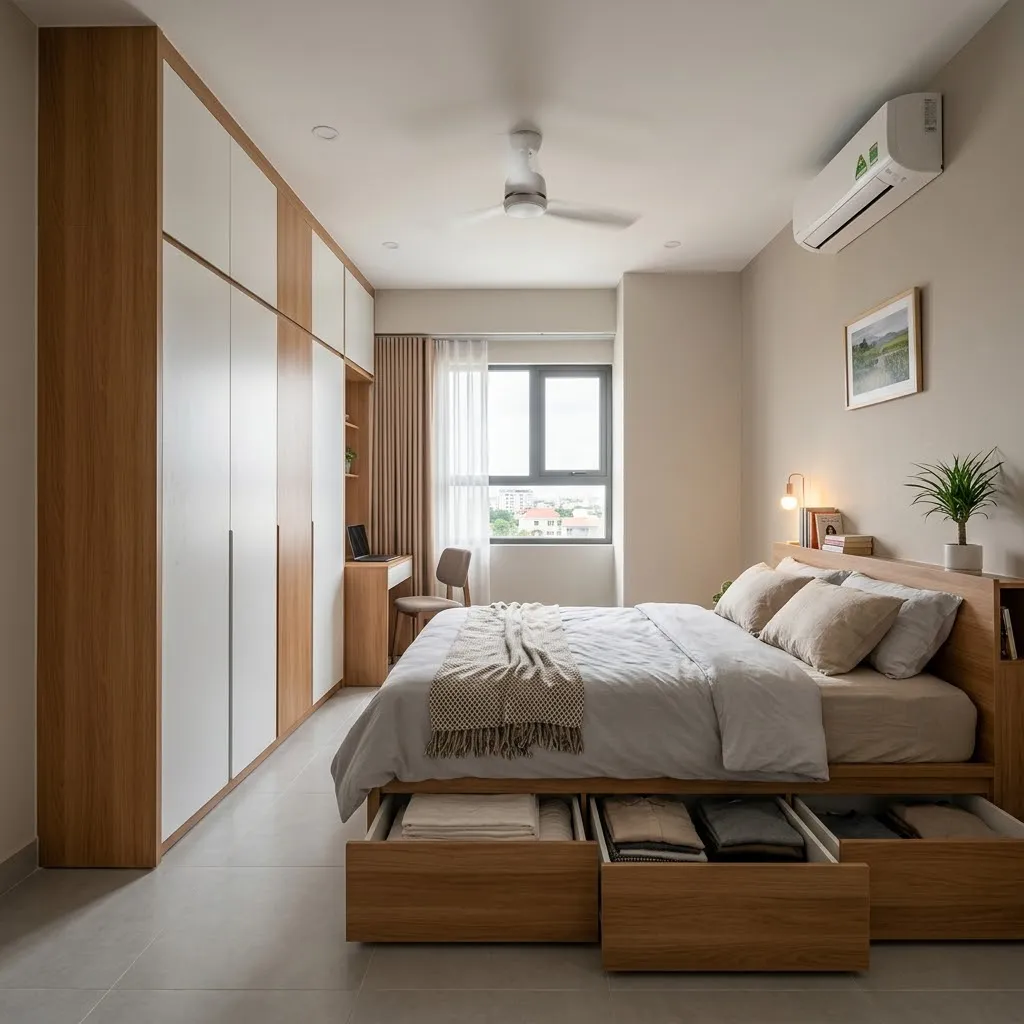 Thiết kế nội thất chung cư Cần Thơ thông minh với hệ tủ đụng trần và giường tích hợp ngăn kéo tối ưu diện tích