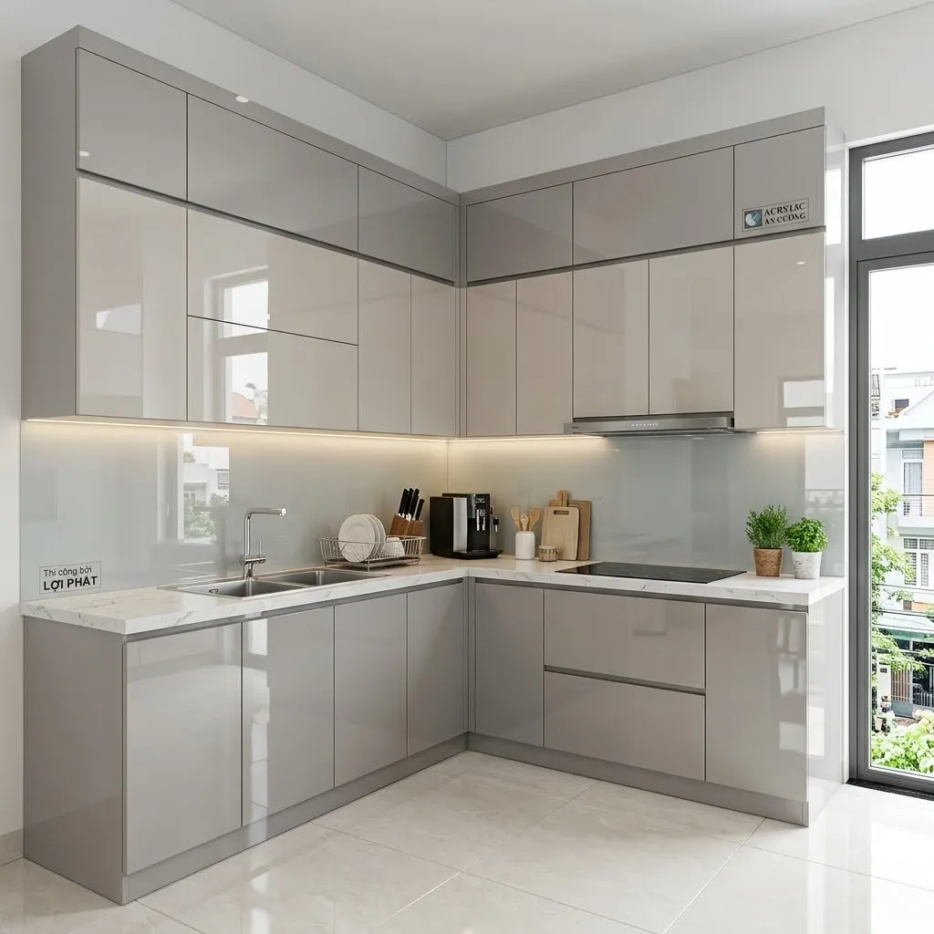 Thiết kế thi công tủ bếp chữ L, chữ U bề mặt phủ Acrylic bóng gương và melamin của An Cường tại quận Ninh Kiều, Cần Thơ