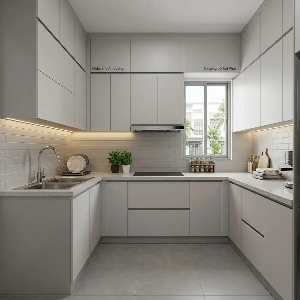 Thiết kế thi công tủ bếp chữ L, chữ U bề mặt phủ Acrylic bóng gương và melamin của An Cường tại quận Ninh Kiều, Cần Thơ