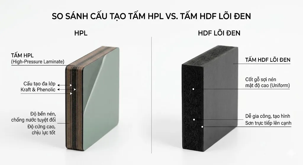 So sánh lõi tấm Compact HPL loại 1 và tấm CDF giả So sánh lõi tấm Compact HPL loại 1 và tấm CDF giả