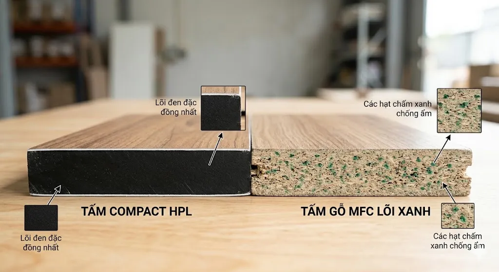 Phân biệt cấu tạo tấm Compact HPL và gỗ MFC lõi xanh