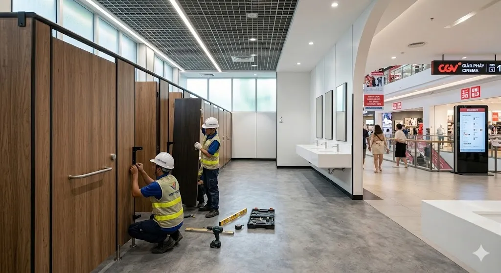 Thi công vách ngăn vệ sinh Compact HPL chịu nước 100%