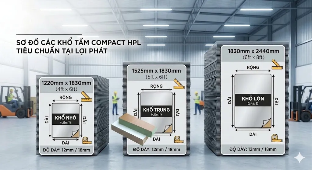 Các khổ tấm Compact HPL tiêu chuẩn tại xưởng sản xuất Các khổ tấm Compact HPL tiêu chuẩn tại xưởng sản xuất