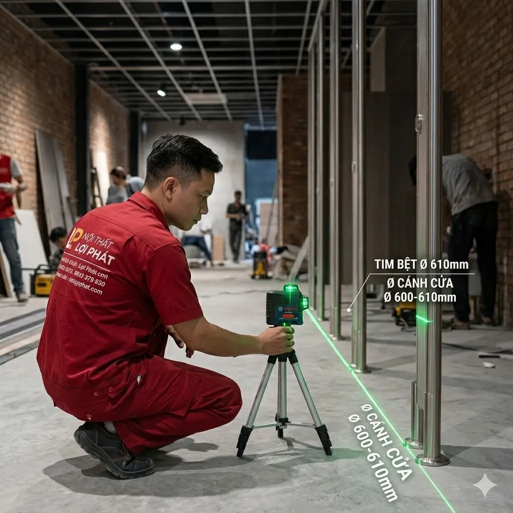 Quy trình cân chỉnh chân vách ngăn vệ sinh bằng máy laser Quy trình cân chỉnh chân vách ngăn vệ sinh bằng máy laser