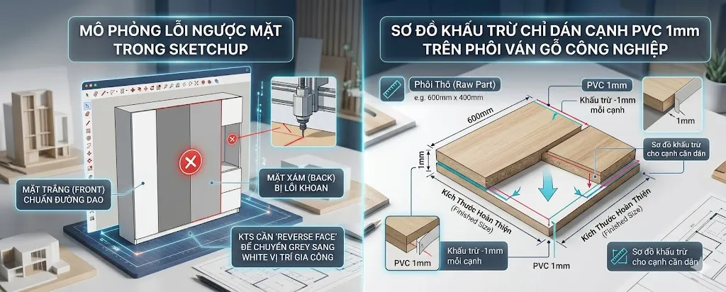 Lỗi lật mặt phôi và khấu trừ chỉ dán cạnh khi xuất file SketchUp sang CNC