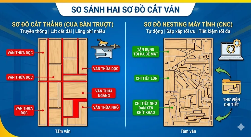 So sánh sơ đồ cắt ván cưa bàn trượt và công nghệ CNC Nesting So sánh sơ đồ cắt ván cưa bàn trượt và công nghệ CNC Nesting