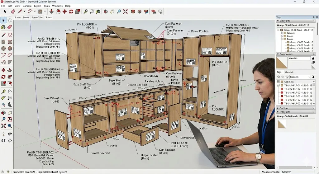 màn hình giao diện phần mềm SketchUp đang hiển thị mô hình 3D hệ tủ nội thất
