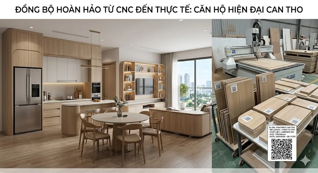 gia công phối cảnh thực tế căn hộ hiện đại với các hệ tủ bo góc mềm mại