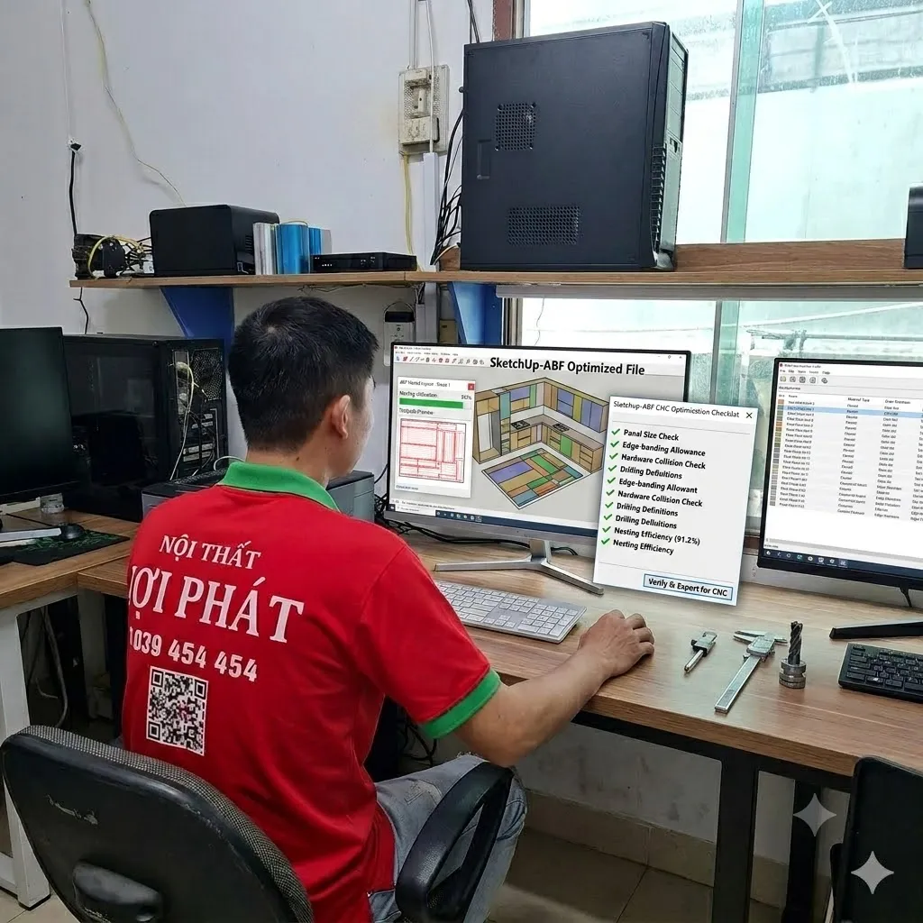 Kỹ thuật đang kiểm tra và tối ưu file trên phần mềm bổ kỹ thuật trước khi xuất lệnh CNC