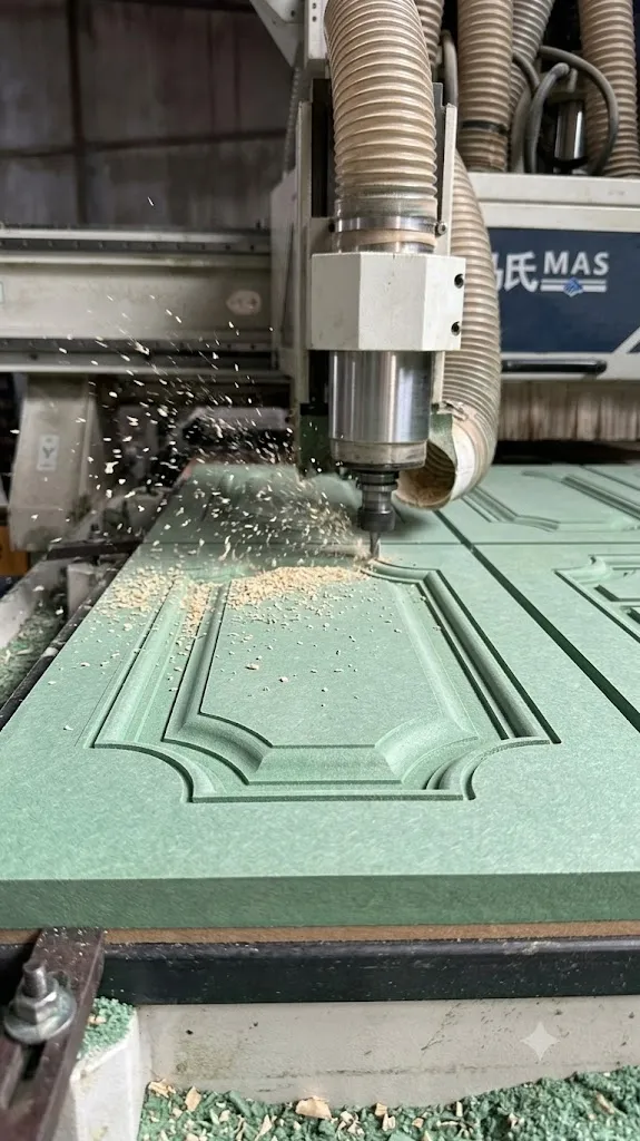 Góc chụp cận cảnh lưỡi dao máy CNC đang cắt chính xác từng đường cong trên tấm gỗ công nghiệp MDF.