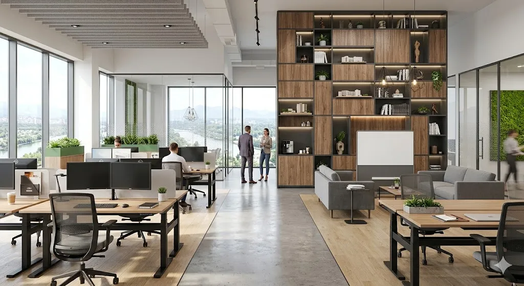 Minh họa sự kết hợp giữa hệ cụm bàn làm việc và các hệ vách tủ trang trí cao kịch trần Minh họa sự kết hợp giữa hệ cụm bàn làm việc và các hệ vách tủ trang trí cao kịch trần