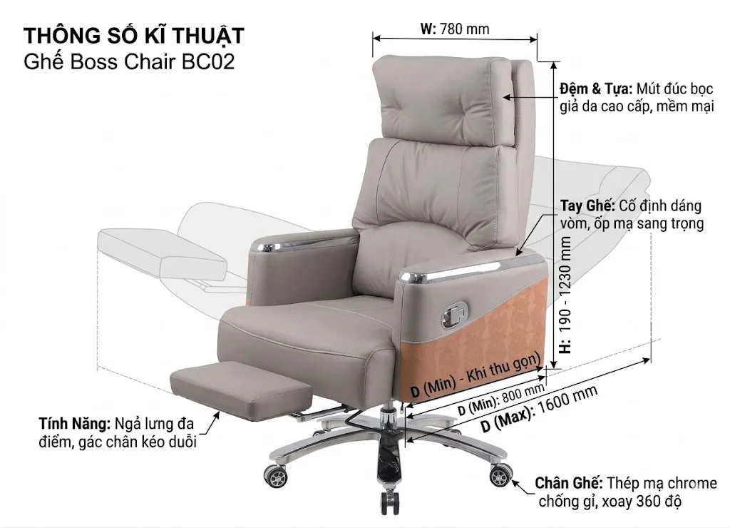Kích thước Chi tiết sản phẩm Ghế Boss Chair BC02