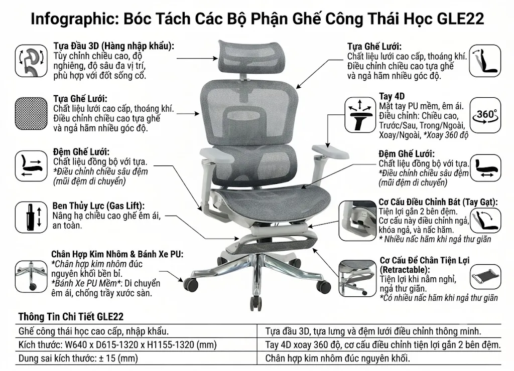 Cấu tạo ghế lưới xoay công thái học chuẩn cho văn phòng. Cấu tạo ghế lưới xoay công thái học chuẩn cho văn phòng.