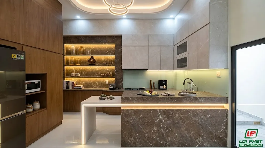 Tủ bếp Acrylic dán cạnh PUR kháng nước thi công bởi Lợi Phát.