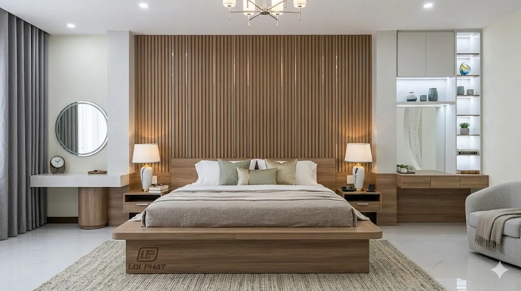 Nội thất phòng ngủ Master biệt thự gỗ công nghiệp cao cấp.