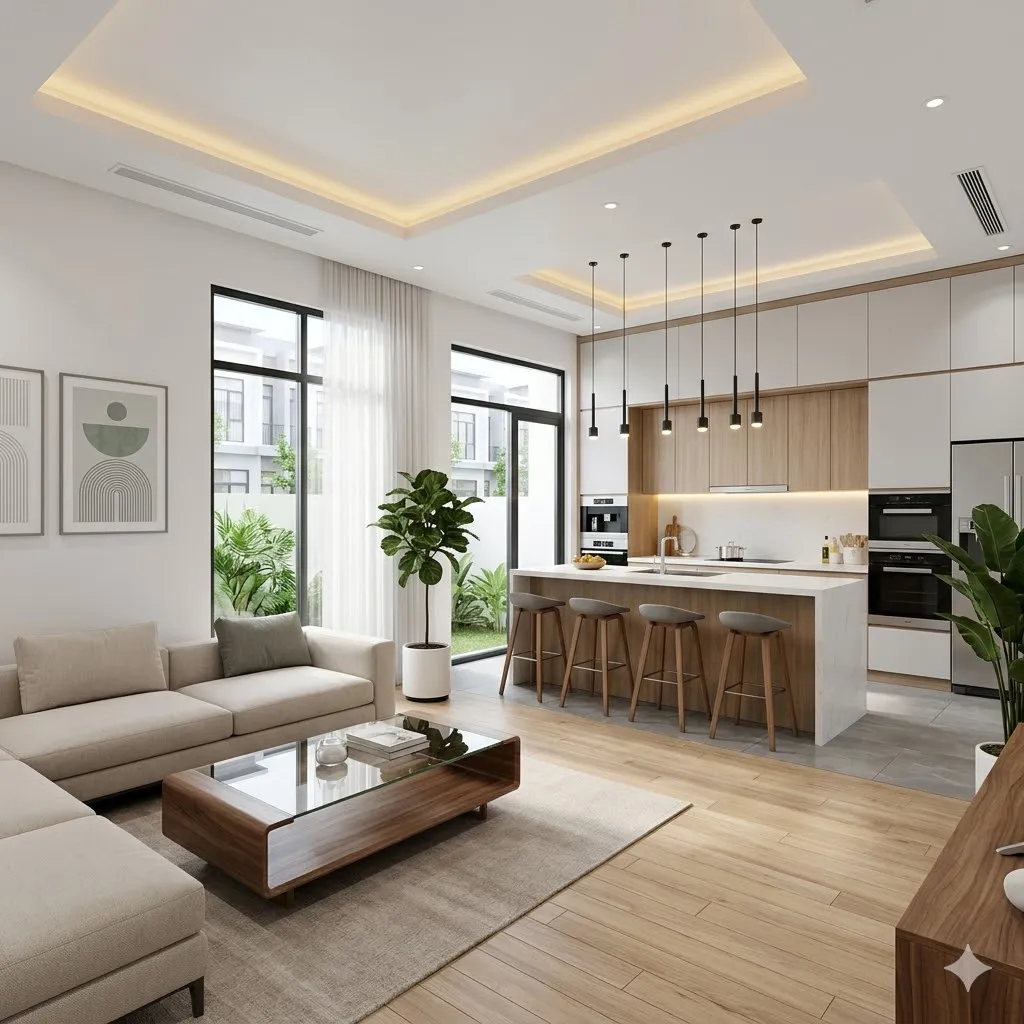 Không gian nội thất phòng khách liền bếp hiện đại tại dự án nhà phố Stella Mega City, quận Bình Thủy Không gian nội thất phòng khách liền bếp hiện đại tại dự án nhà phố Stella Mega City, quận Bình Thủy