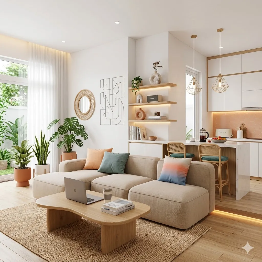 Không gian nội thất phòng khách liền bếp hiện đại tại dự án nhà phố Stella Mega City, quận Bình Thủy Không gian nội thất phòng khách liền bếp hiện đại tại dự án nhà phố Stella Mega City, quận Bình Thủy