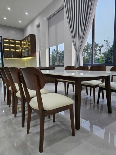 Bộ bàn ăn mặt đá chân gỗ sồi kết hợp ghế nệm